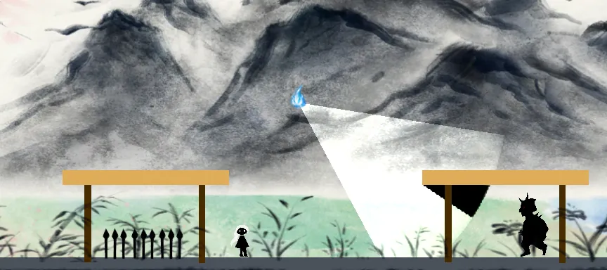 A Brush with Death ink-wash level with silhouetted characters and a beam of light