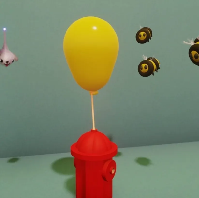 Dreams sculpt of a yellow balloon tied to a red fire hydrant with cartoon bees
