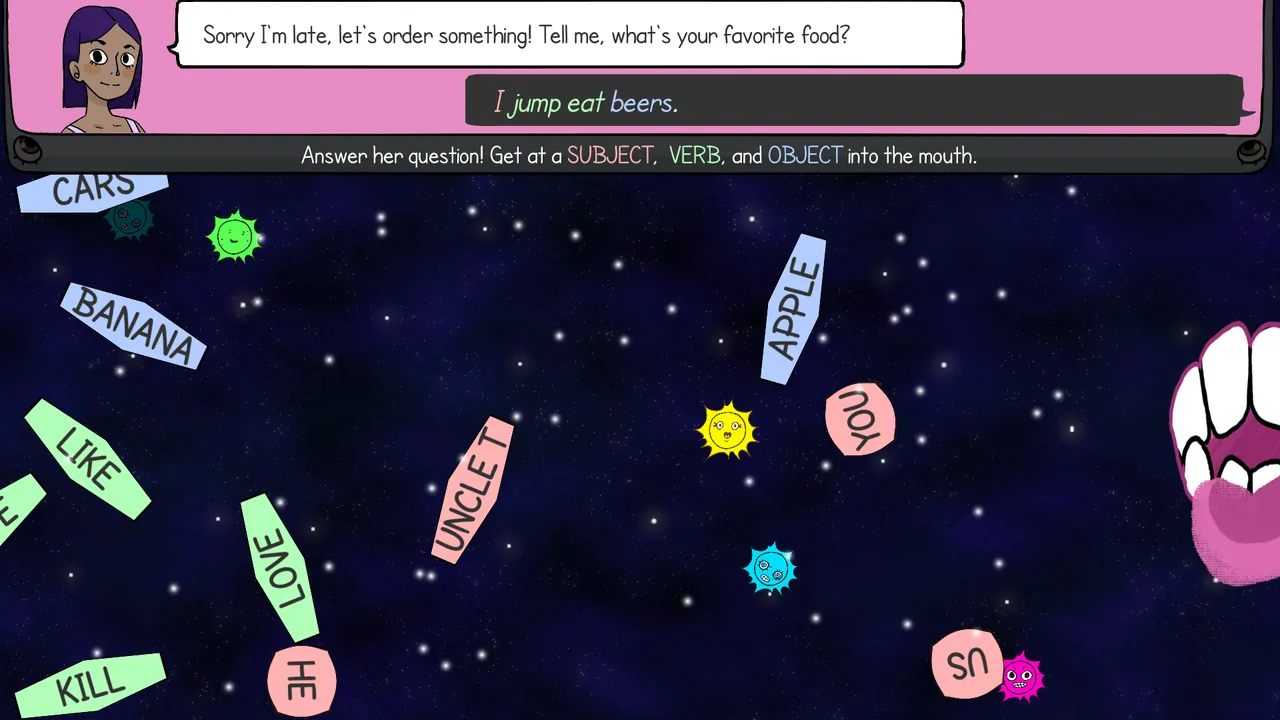 Small Talk gameplay: floating word tiles in space and a dialogue box asking about favourite food