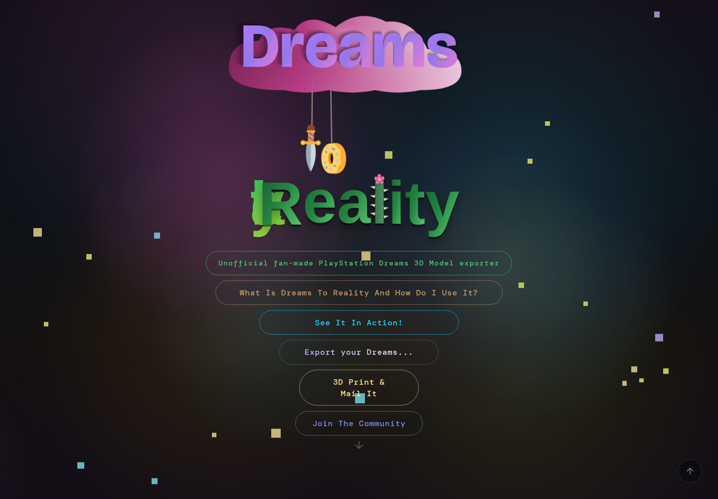 Saved Dreams to Reality landing page with its Dreams video-to-model export interface