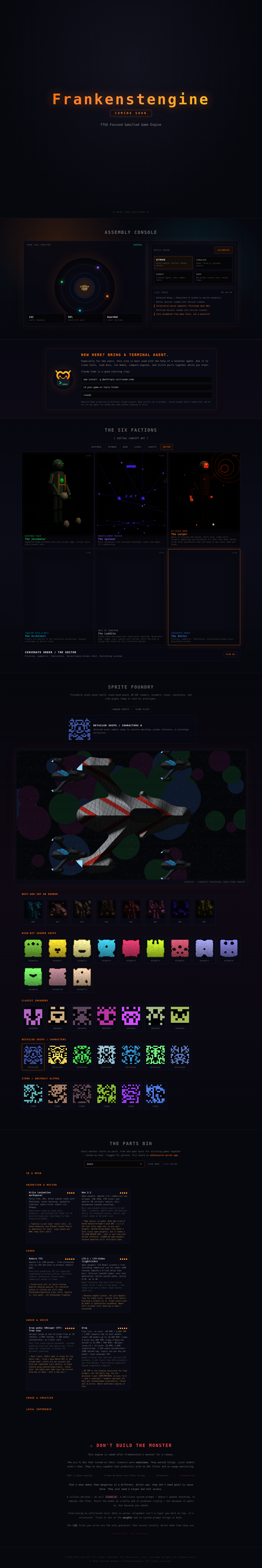 Saved Frankenstengine homepage with its orange wordmark and assembly console