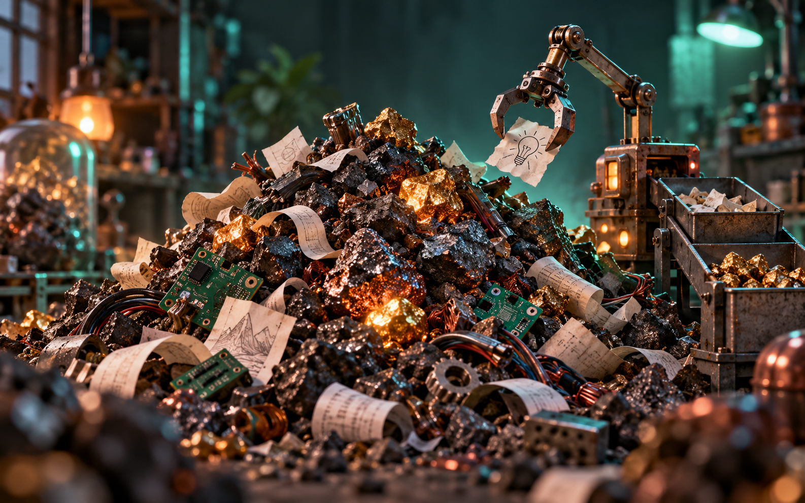 Playful illustration of a mechanical claw finding golden nuggets in a heap of ore and research scraps